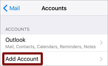 Add Account button within Settings app