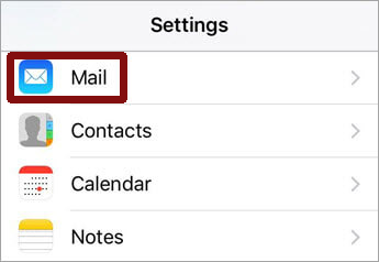 Mail option within settings app