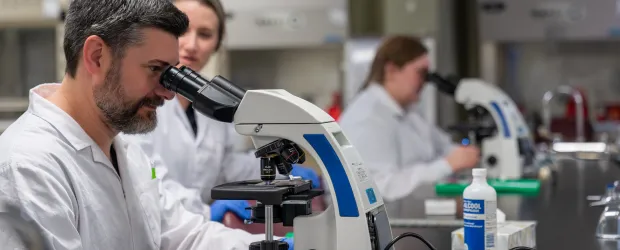 Students in lab coats examining samples with microscopes in a science laboratory