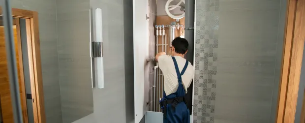 Plumber repairing exposed pipes behind wall panel above toilet in a bathroom.