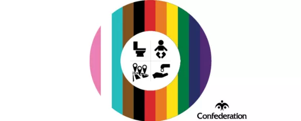 Rainbow Circle with facilities graphics inside. This includes a toilet, baby, sink and map.