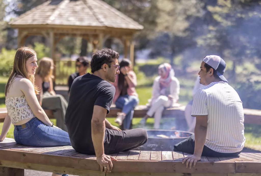 Students hanging out at fire pit