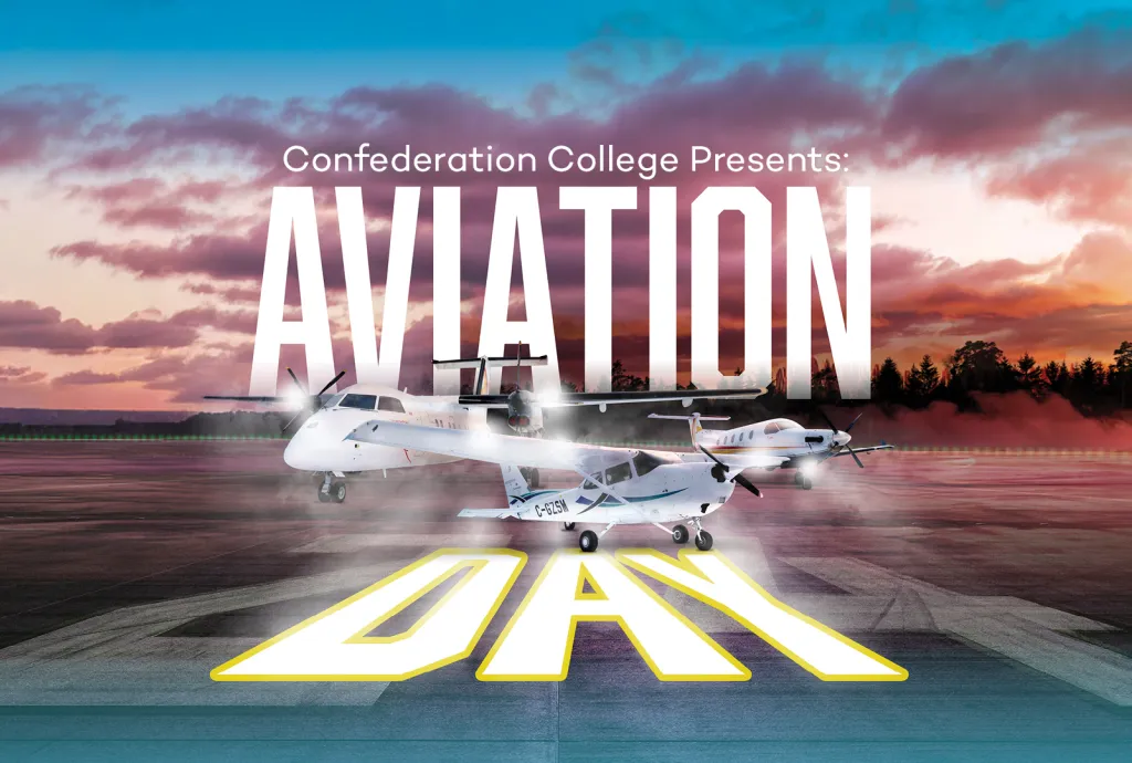 Aviation program aircraft on runway at sunset with “Confederation College Presents: Aviation Day” text