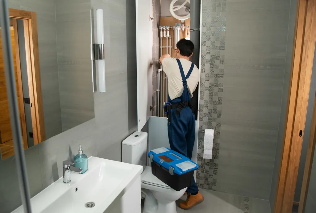 Plumber repairing exposed pipes behind wall panel above toilet in a bathroom.