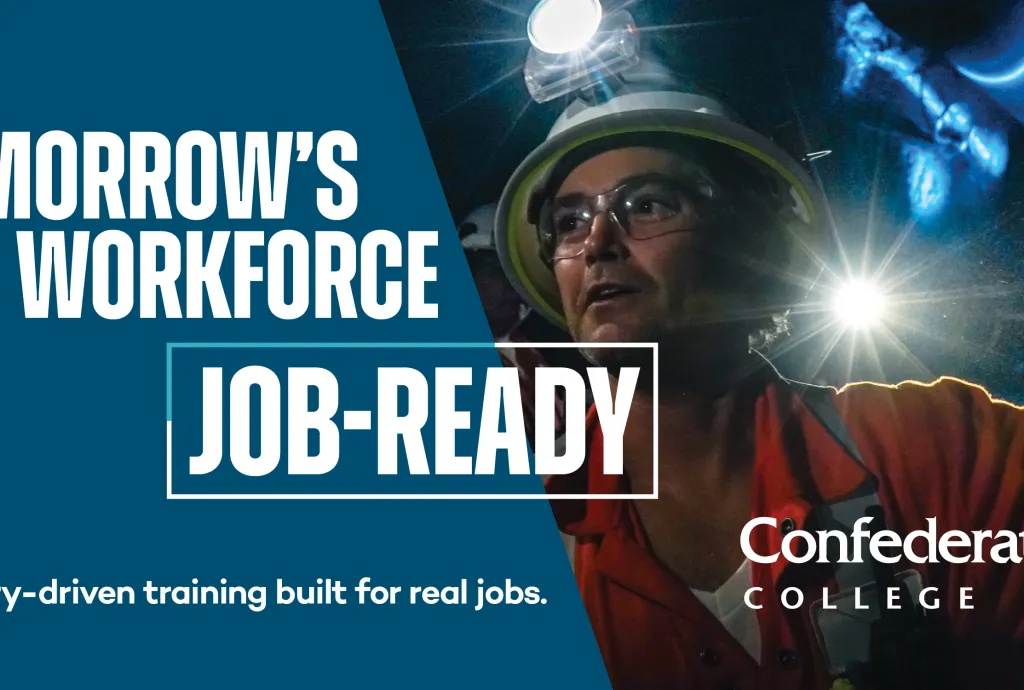 Banner promoting job-ready workforce training with a miner wearing a helmet and headlamp in an underground setting.