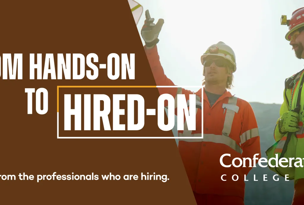 Banner promoting hands-on training to employment with two workers in safety gear on an outdoor job site.