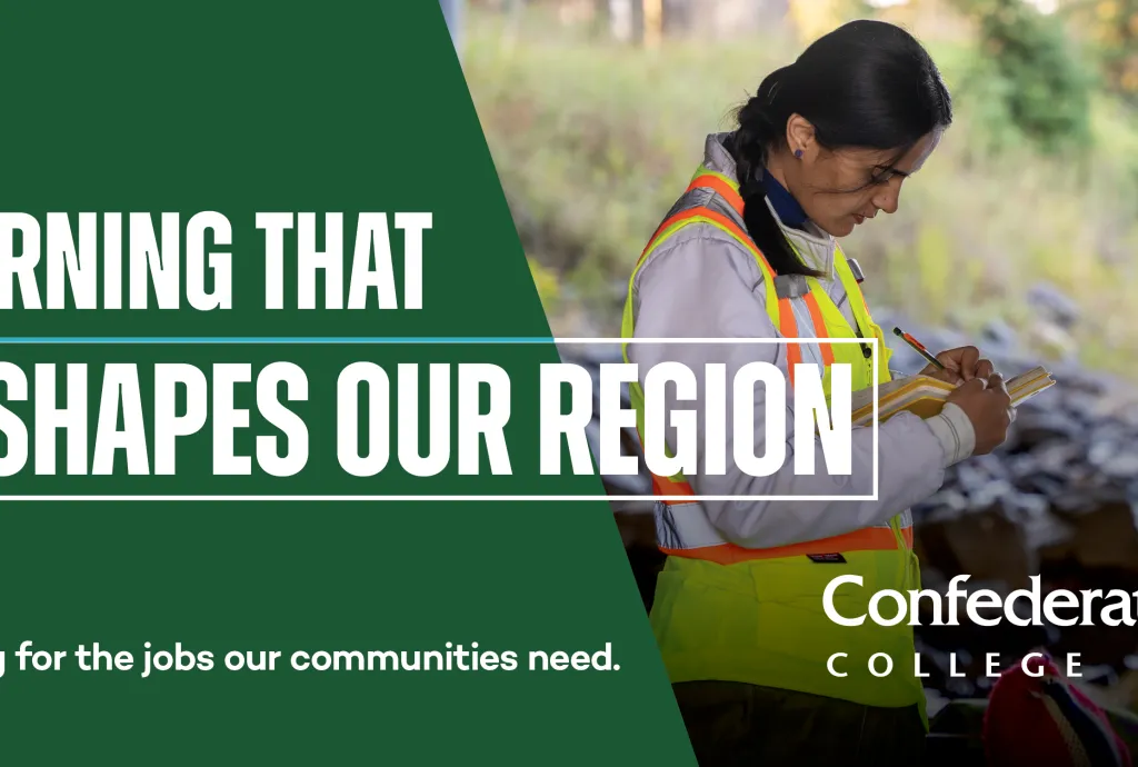 Banner promoting regional workforce training with a field worker in safety vest taking notes near a waterway.