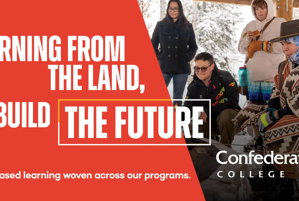 Banner promoting land-based learning with students gathered outdoors around a fire during a cultural teaching session.