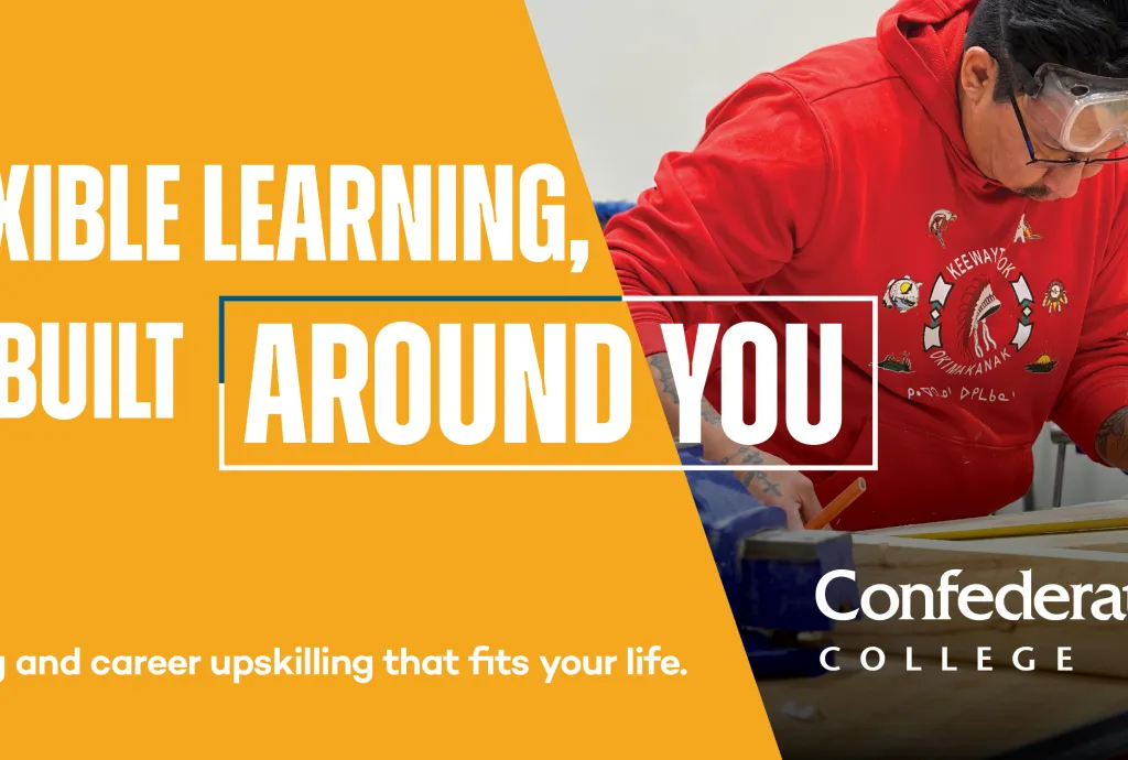 Banner promoting flexible learning with a student measuring wood in a workshop while wearing safety goggles.
