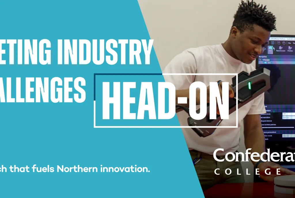 Banner promoting innovation research with a student using a handheld 3D scanner connected to analysis software.