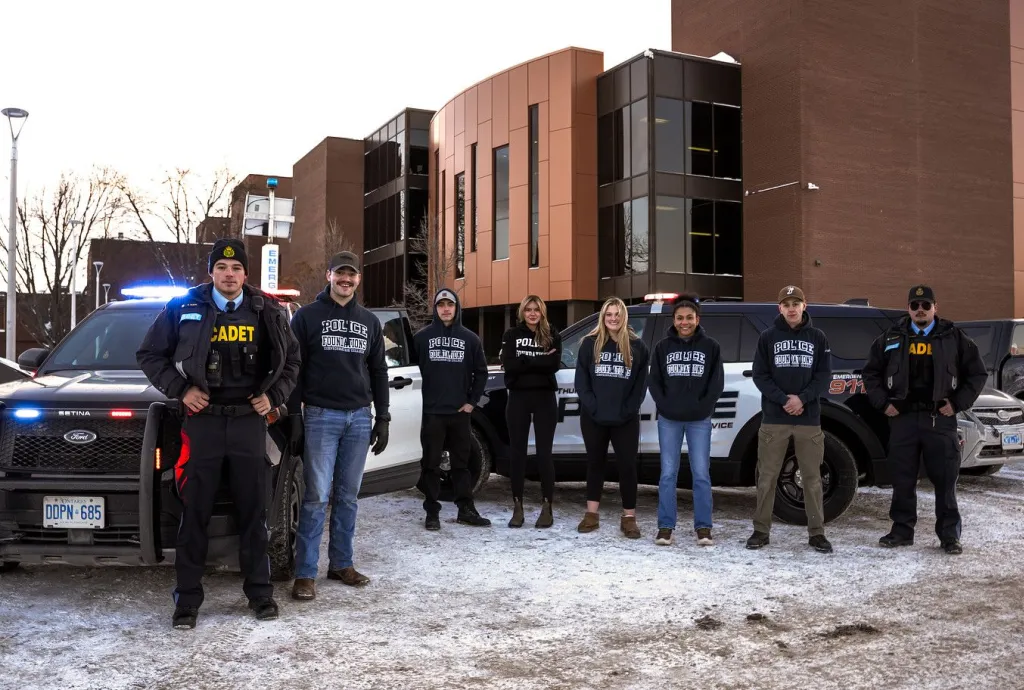 Police foundations students and cadets standing with patrol vehicles outside a campus building in winter.