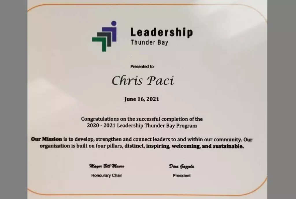 Chris Paci Leadership Thunder Bay Certificate