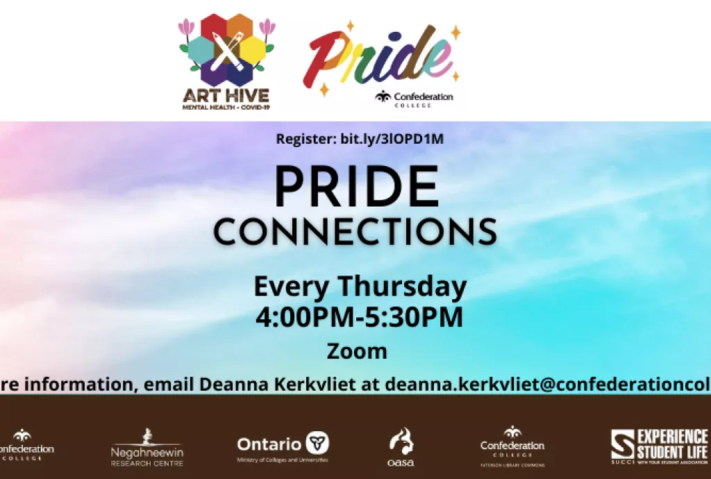 Text: Pride Connections. Every Thursday 4:00PM to 5:30PM. Zoom. For more information, email Deanna Kerkvliet at deanna.kerkvliet@confederationcollege.ca