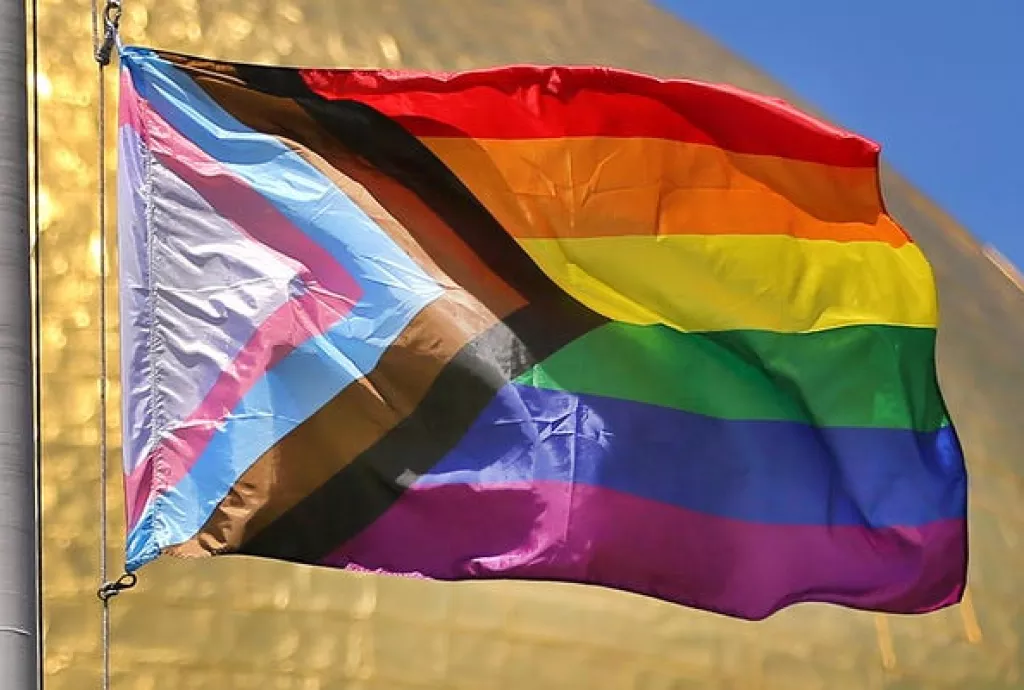 Pride progress flag on a pole: On the right side there are 6 stripes in rainbow colours; On the left side of the flag there are 5 more colours (black, brown, light blue, light pink, white) in the shape of a triangle.