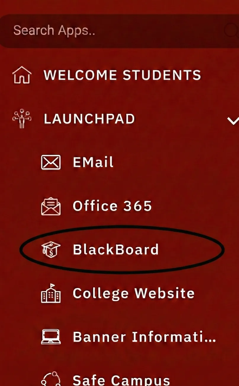 Student portal navigation menu with Blackboard highlighted