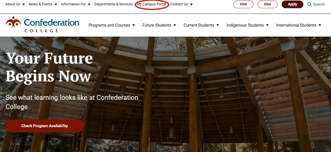 Confederation College homepage with My Campus Portal link highlighted