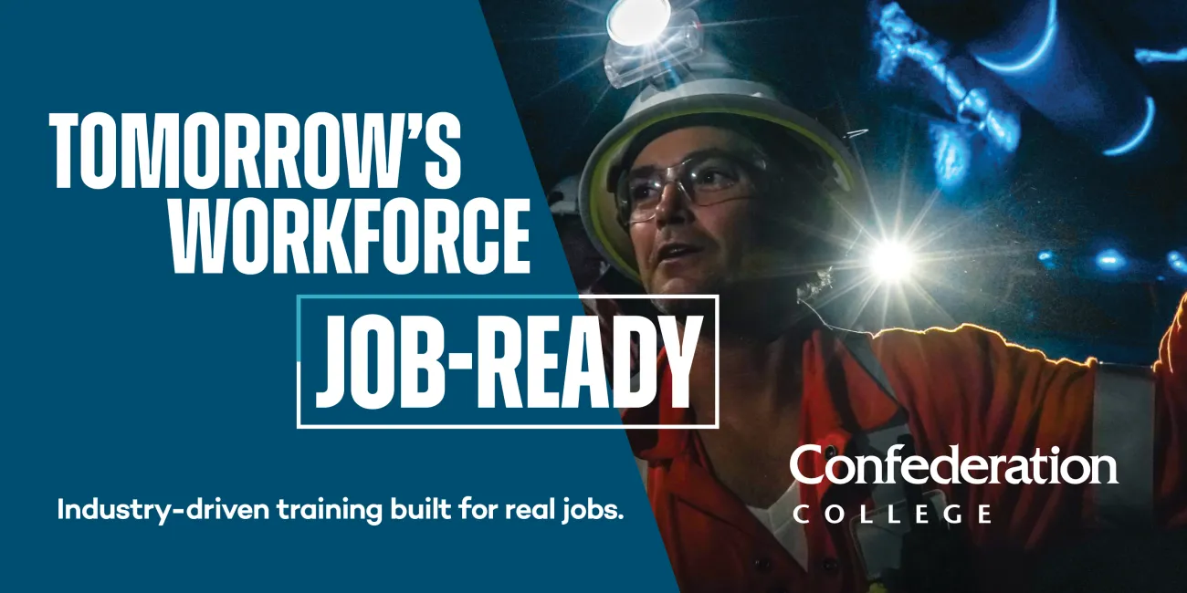 Banner promoting job-ready workforce training with a miner wearing a helmet and headlamp in an underground setting.
