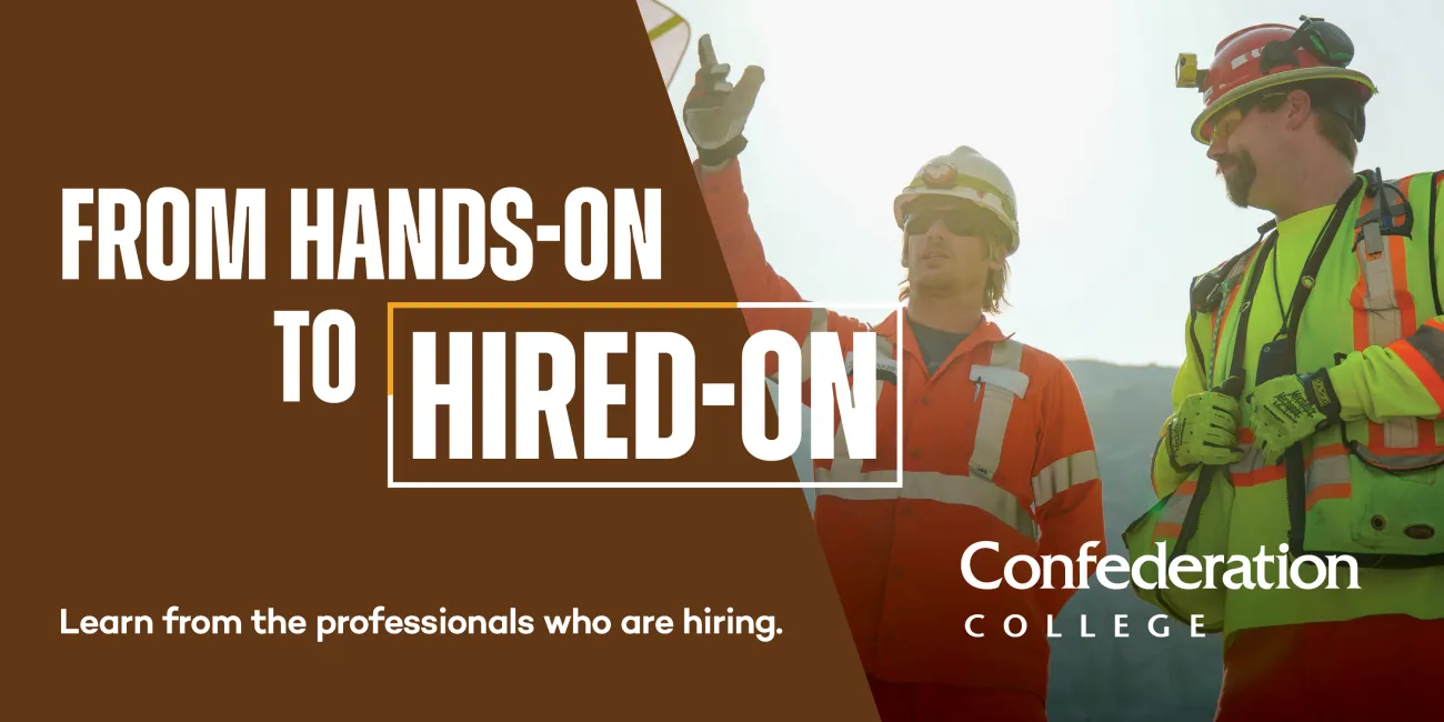 Banner promoting hands-on training to employment with two workers in safety gear on an outdoor job site.