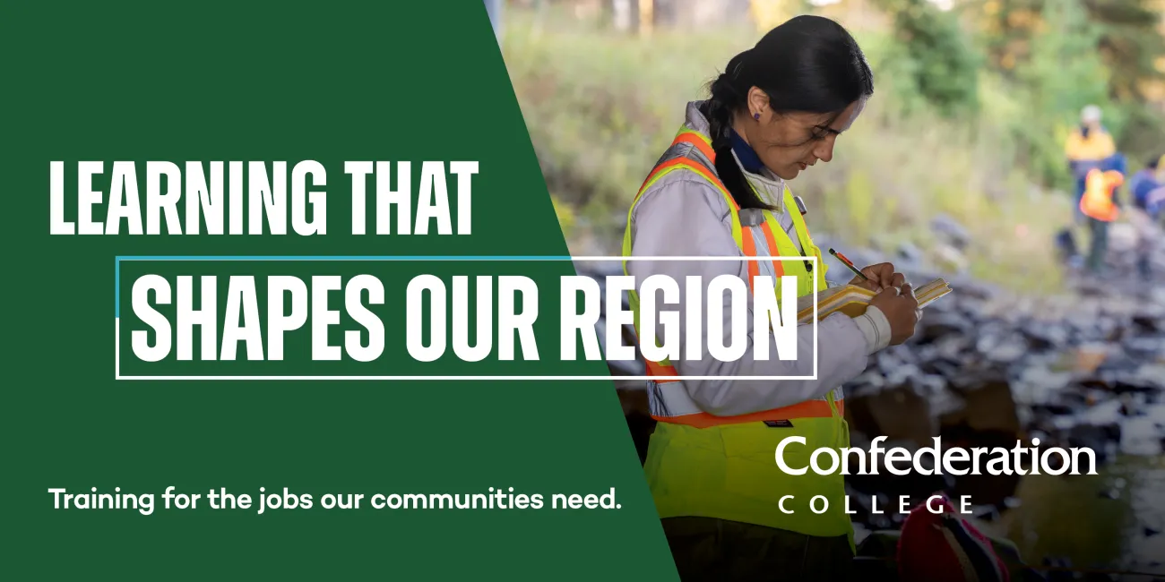 Banner promoting regional workforce training with a field worker in safety vest taking notes near a waterway.