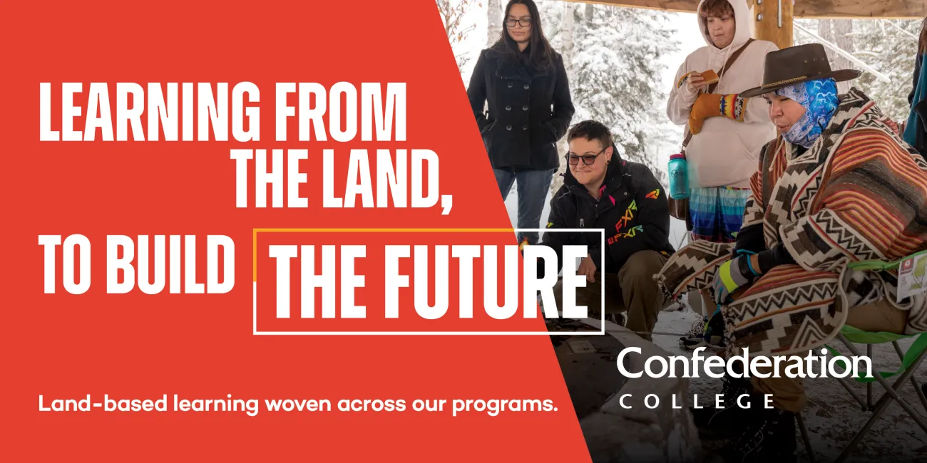 Banner promoting land-based learning with students gathered outdoors around a fire during a cultural teaching session.