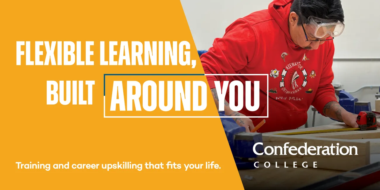 Banner promoting flexible learning with a student measuring wood in a workshop while wearing safety goggles.