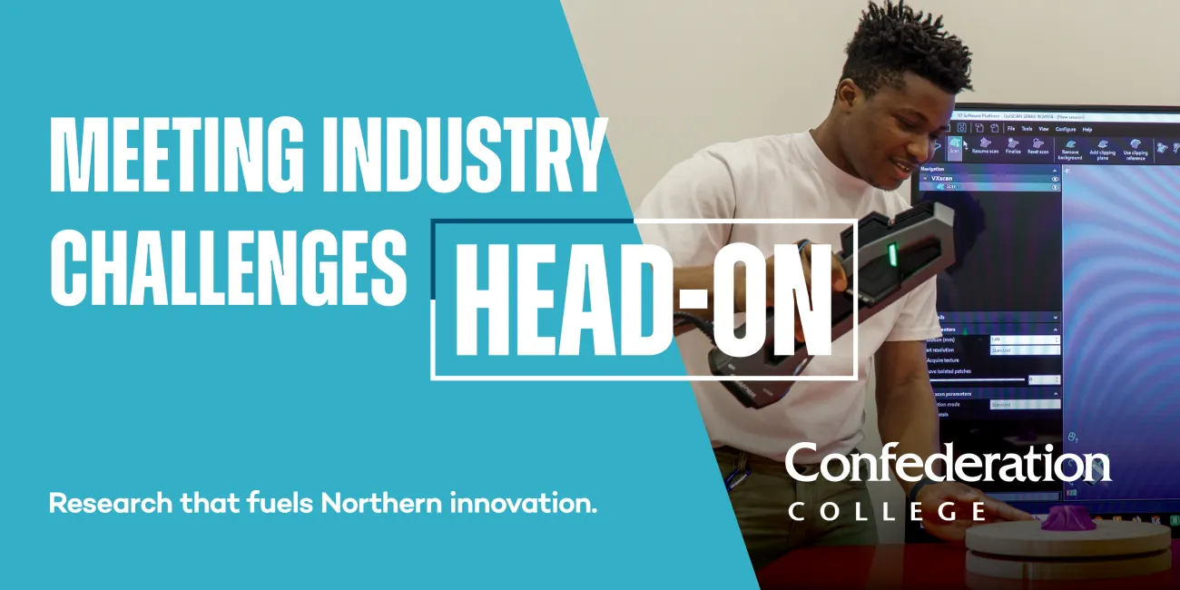 Banner promoting innovation research with a student using a handheld 3D scanner connected to analysis software.