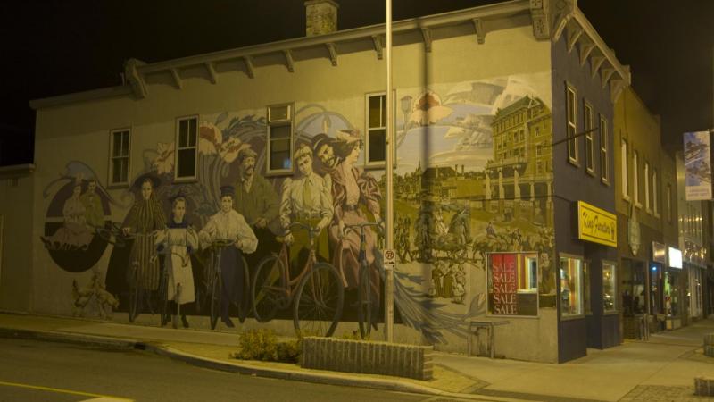 Kenora historical wall painting - downtown at night