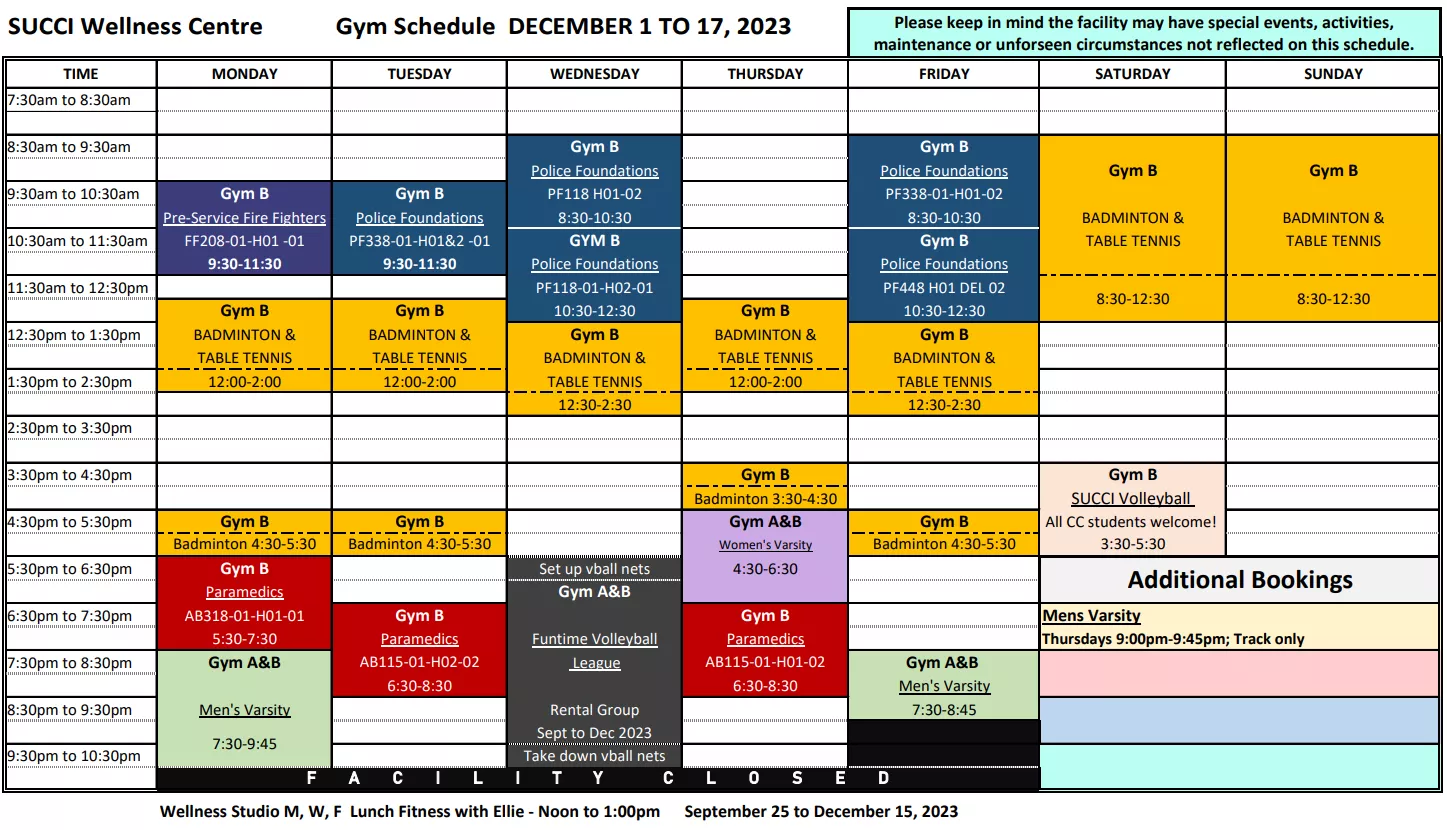 Wellness Center Schedule Dec 1-17, 23