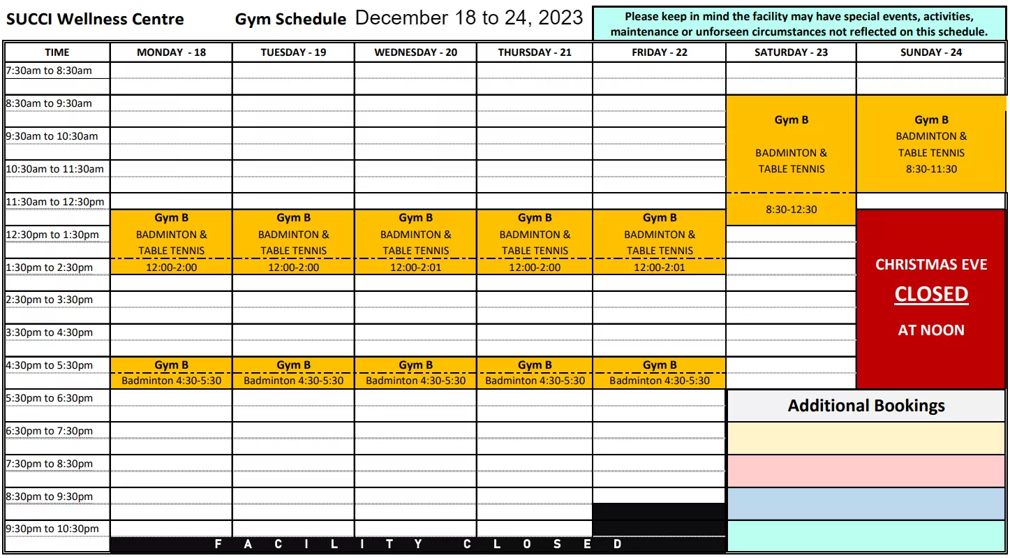 Wellness Center Schedule Dec 18-24, 2023