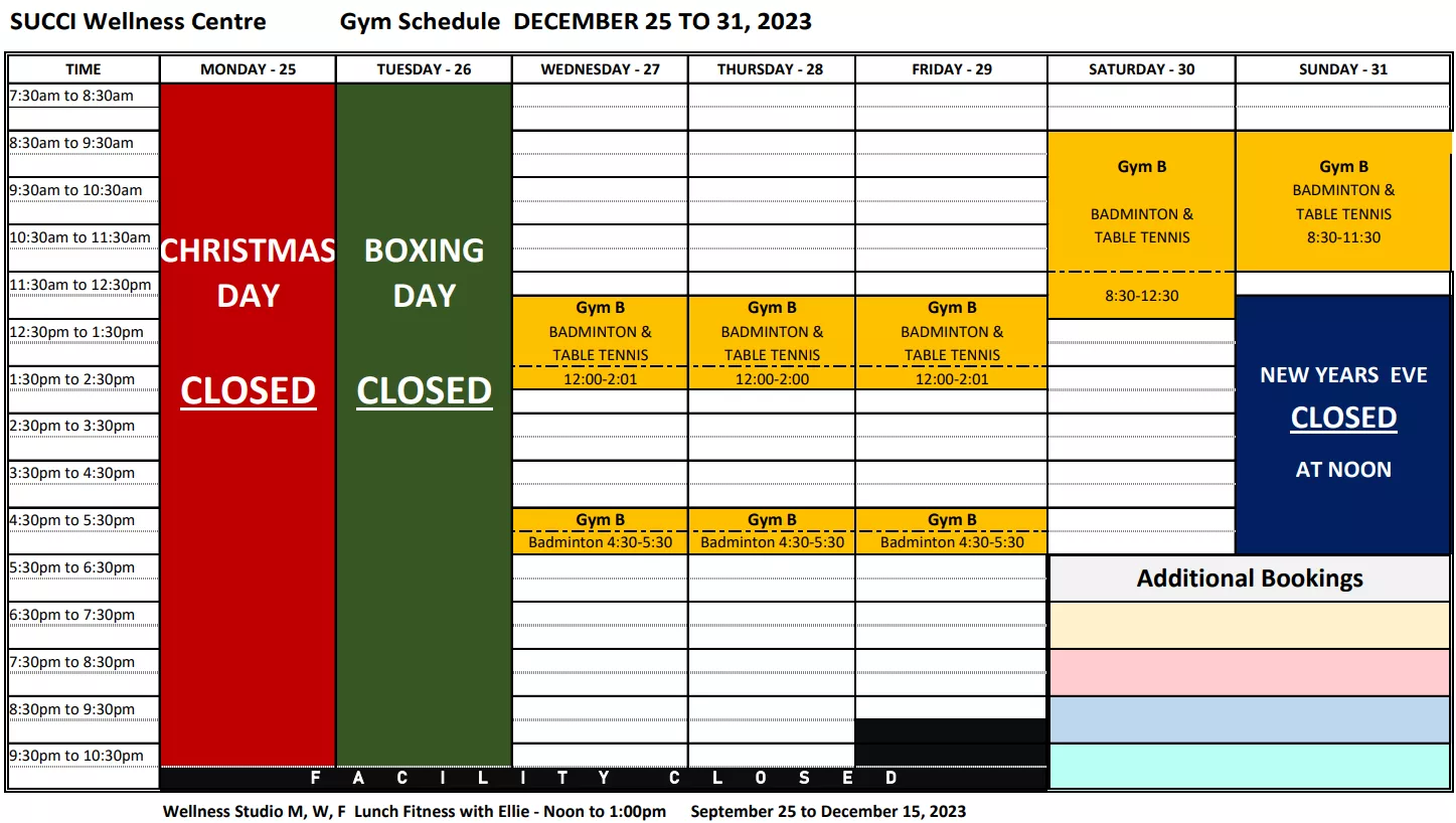 Wellness Center Schedule Dec 25-31, 2023