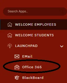 Navigation menu highlighting the Office 365 link under Launchpad