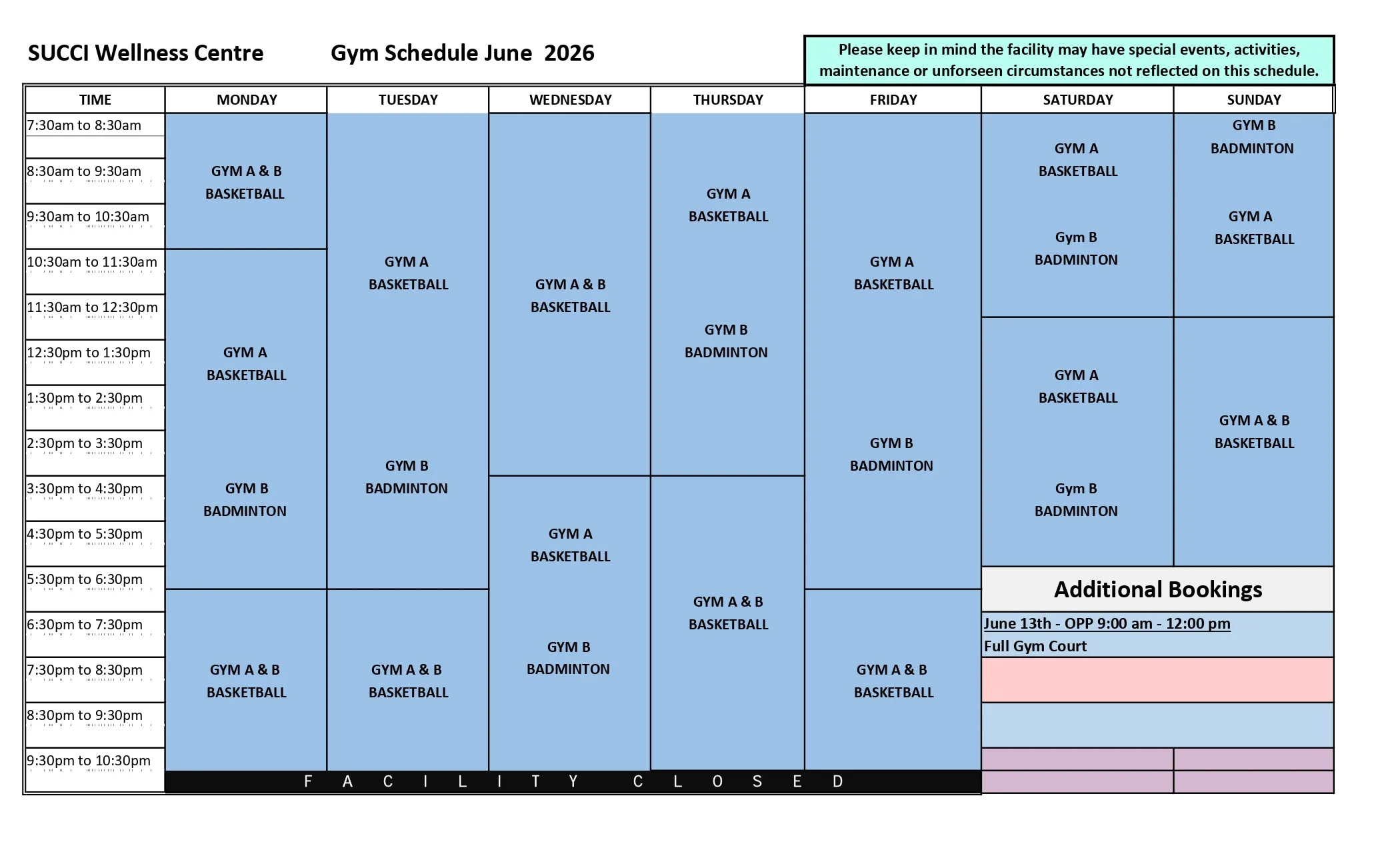 Gym Schedule June 2026
