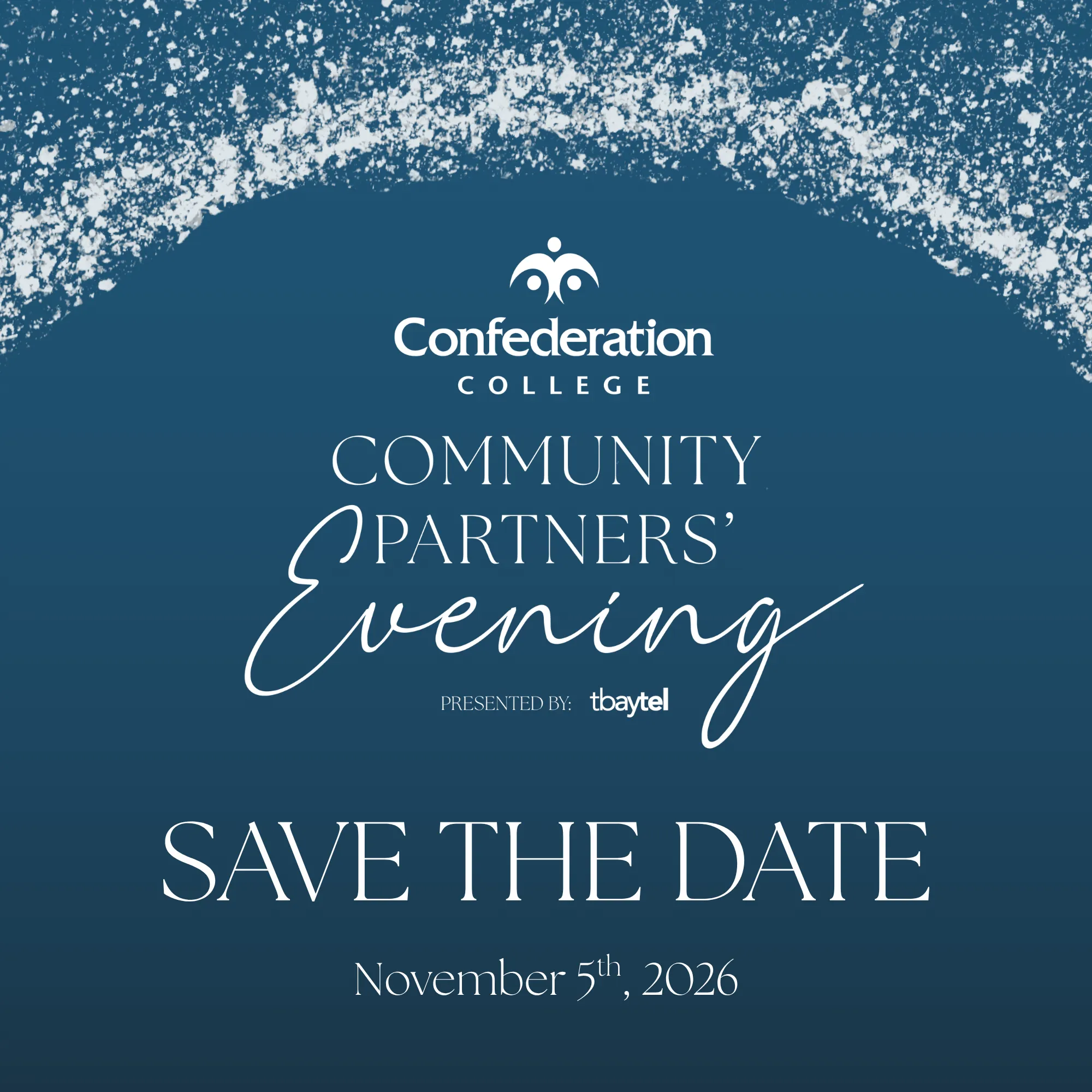 Confederation College Community Partners' Evening promotional graphic presented by Tbaytel