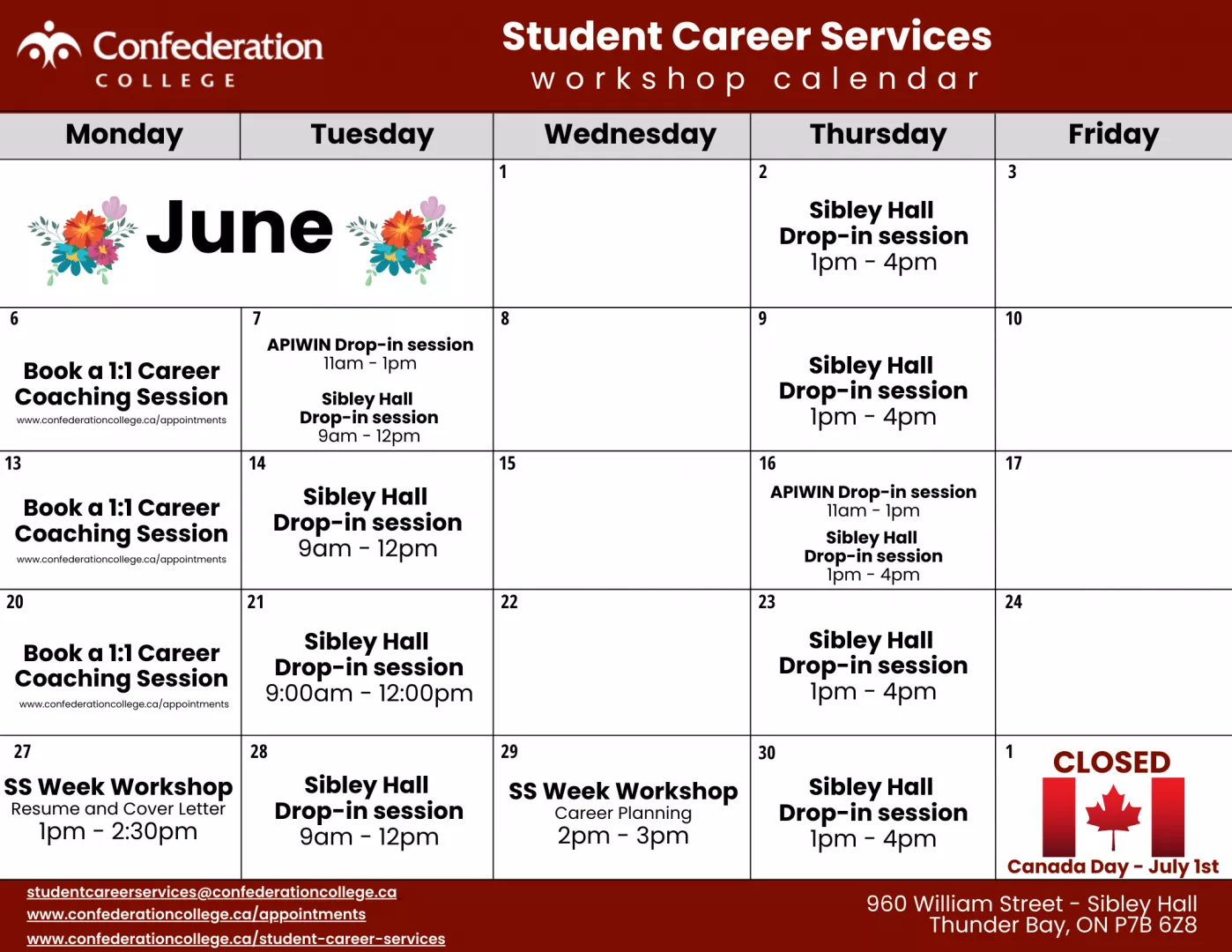 Student Career Services June 2022 Calendar Confederation College