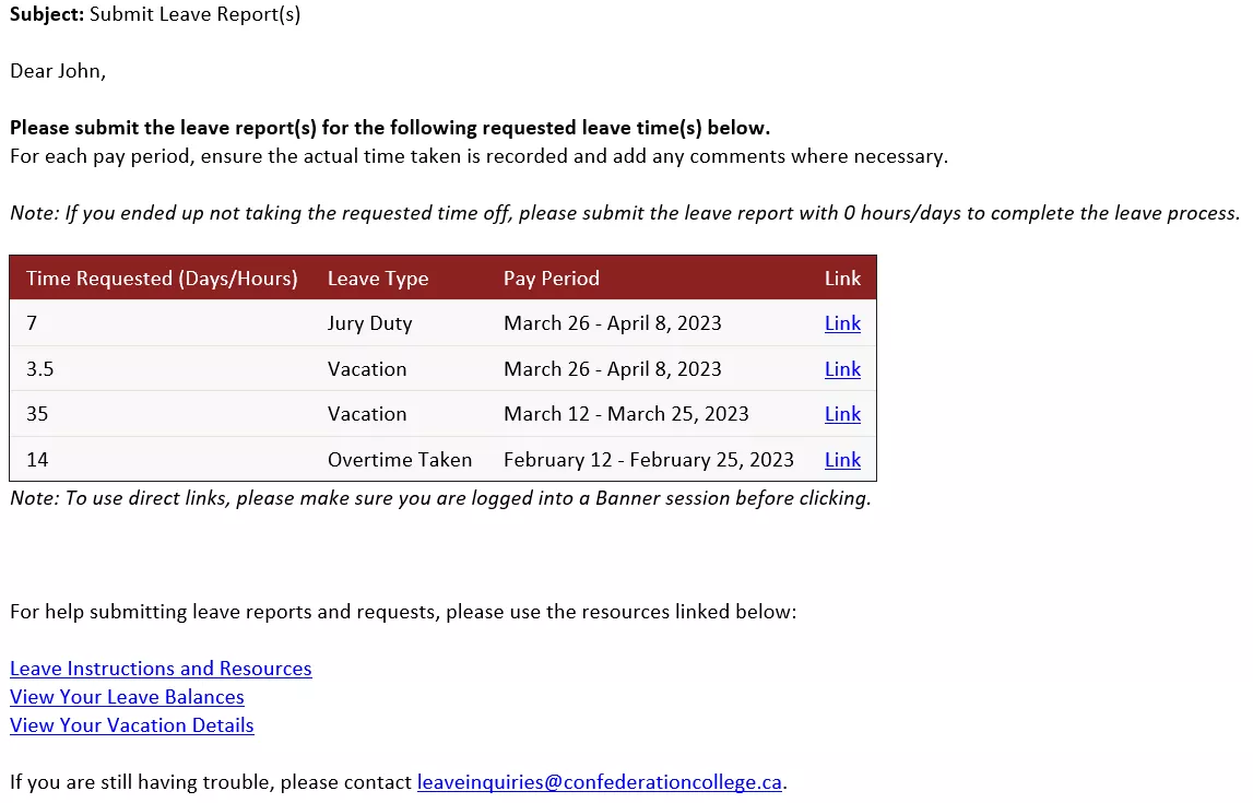 Example of "Submit Leave Report(s)" Email